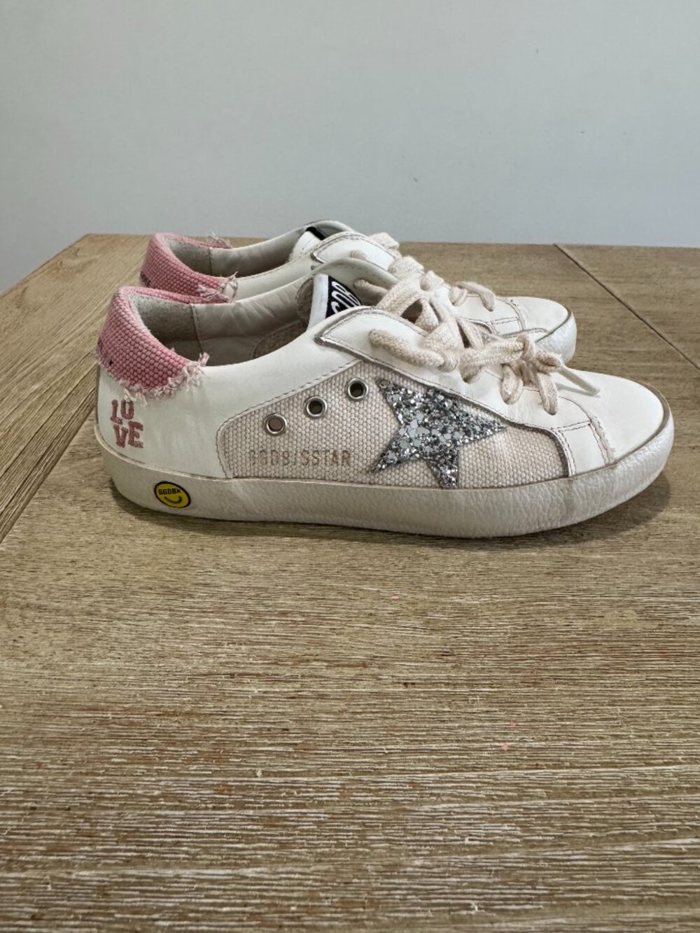 Kids White and Pink Glitter Star Sneakers -